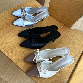 サンダル ミュール キャップトゥ りぼん リボン ポインテッドトゥ レディース ミドルヒール 黒 銀 ブラック シルバー アイボリー 歩きやすい 靴 婦人靴 韓国