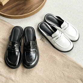 サンダル ローファー コインローファー バブーシュ オブリークトゥ フラット 黒 白 ブラック ホワイト 歩きやすい 革靴 おじ靴 オックスフォード 靴 婦人靴 韓国
