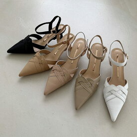 サンダル 牛革 ポインテッドトゥ 編み込み アンクルストラップ レディース ミドルヒール 黒 ブラック ベージュ ピンク アイボリー カーキー 夏 靴 婦人靴 韓国