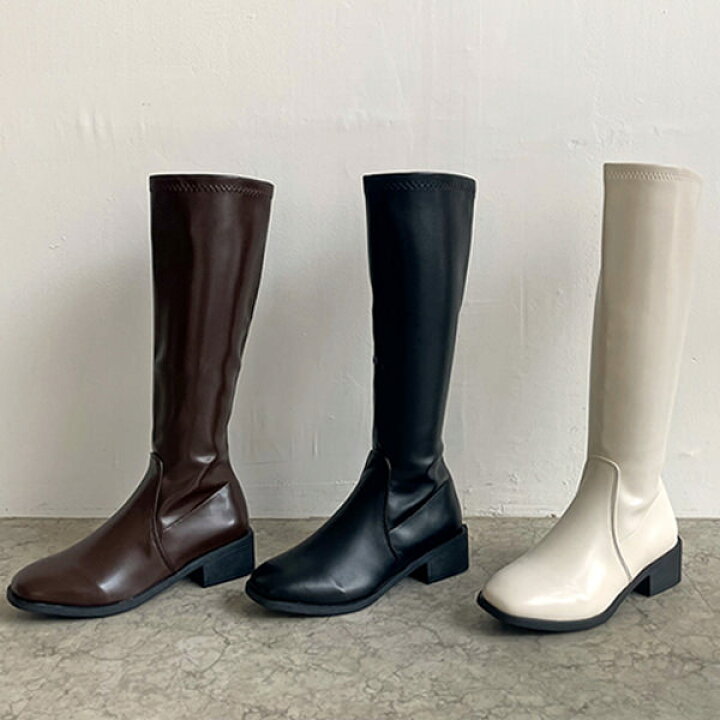 楽天市場】ロングブーツ スクエアトゥ バックジップ フラット 