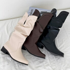 ミドルブーツ ルーズ ウエスタン スクエアトゥ レディース ローヒール 黒 茶 ブラック ブラウン アイボリー 歩きやすい カジュアル 靴 婦人靴 韓国