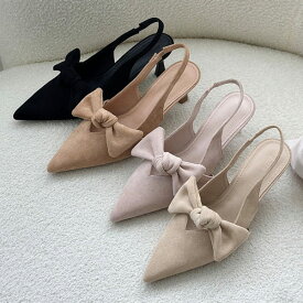 サンダル りぼん リボン バックストラップ ポインテッドトゥ レディース ミドルヒール 黒 茶 ブラック ブラウン ベージュ ピンク 歩きやすい 靴 婦人靴 韓国