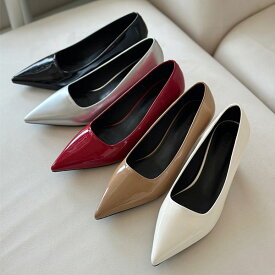 パンプス ポインテッドトゥ プレーン レディース ミドルヒール 黒 茶 赤 銀 ブラック ブラウン ベージュ アイボリー レッド シルバー エナメル 靴 婦人靴 韓国