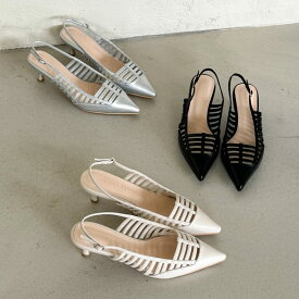 サンダル パンプス ポインテッドトゥ 透かし シースルー バックストラップ レディース ミドルヒール 黒 銀 ブラック シルバー ライトベージュ 靴 婦人靴 韓国