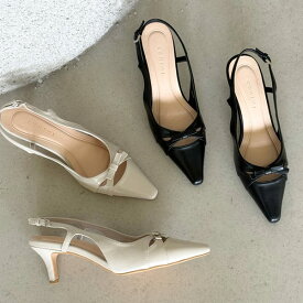 サンダル パンプス りぼん リボン ポインテッドトゥ バックストラップ レディース ミドルヒール 黒 ブラック アイボリー 歩きやすい カジュアル 靴 婦人靴 韓国