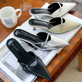 ミュール サンダル ポインテッドトゥ レディース ミドルヒール 黒 銀 ブラック ベージュ シルバー アイボリー 歩きやすい カジュアル シンプル 靴 婦人靴 韓国