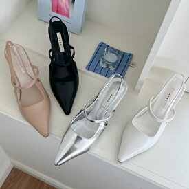 サンダル パンプス ポインテッドトゥ バックストラップ レディース ミドルヒール 黒 銀 白 ブラック シルバー ベージュ ホワイト 歩きやすい 靴 婦人靴 韓国