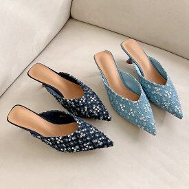 ミュール サンダル ポインテッドトゥ スパンコール キラキラ レディース ミドルヒール ライトブルー ダークブルー 歩きやすい カジュアル 靴 婦人靴 韓国