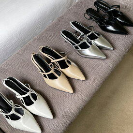 サンダル パンプス ポインテッドトゥ バックストラップ レディース ミドルヒール 黒 銀 ブラック アイボリー ベージュ シルバー 歩きやすい 靴 婦人靴 韓国