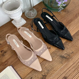 サンダル パンプス シースルー 水玉 ドット ポインテッドトゥ キャップトゥ バックストラップ レディース ミドルヒール 黒 ブラック ベージュ 靴 婦人靴 韓国