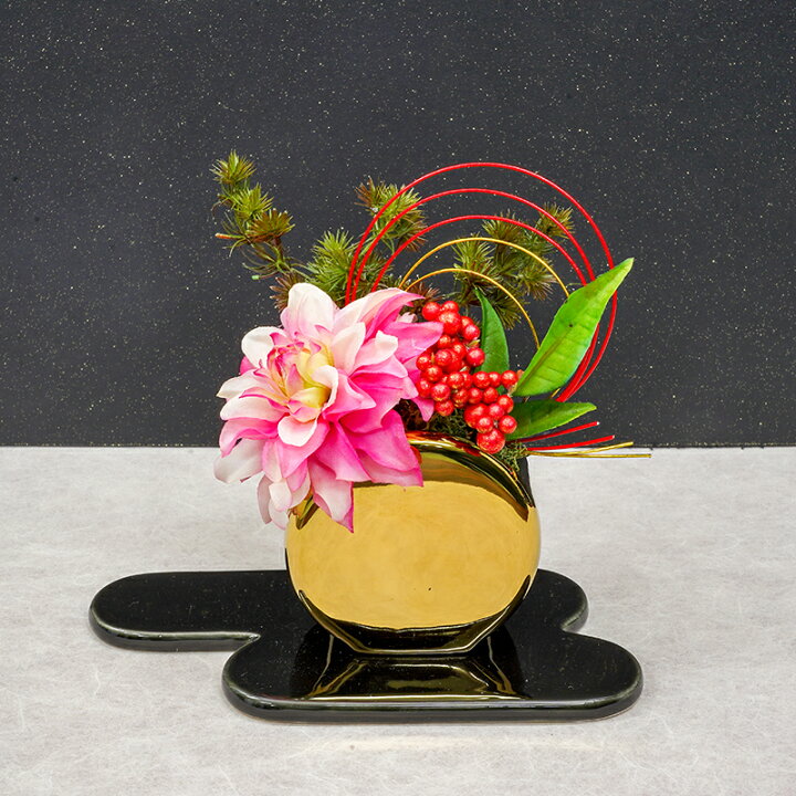 楽天市場】お正月 造花 アレンジメント 花器付 ピンク ダリア RK055 