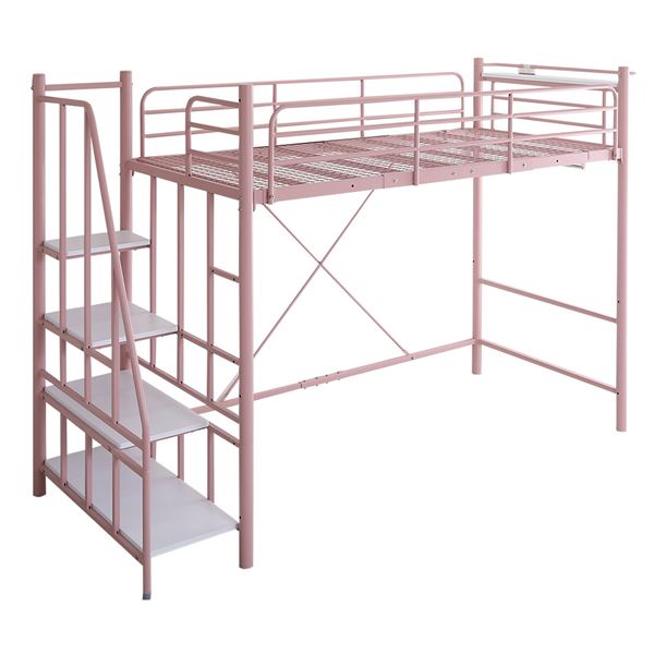 パイプ ロフトベッド 約幅255cm シングル ピンク 階段付き ベッドフレーム 北欧インテリア 組立品 ベッドルーム 子供部屋 - 0