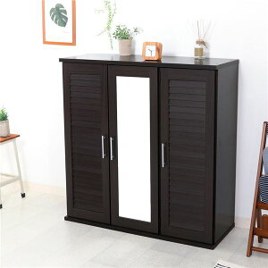 シューズラック 下駄箱 約幅900mm ブラウン ルーバー & ミラー付き シューズボックス 通気性 組立品 玄関 エントランス 入口【代引不可】