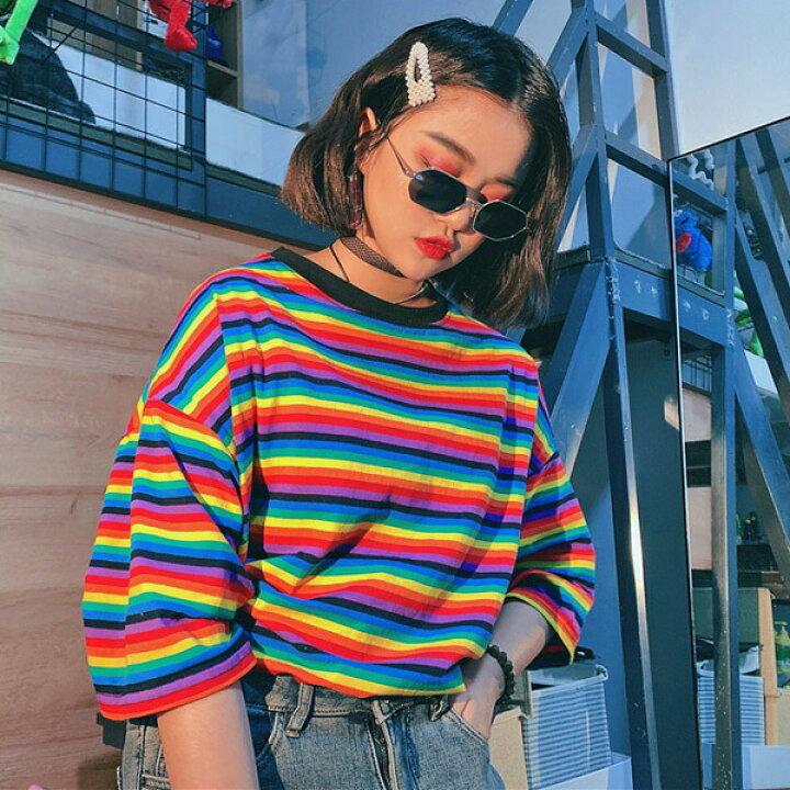 楽天市場 Tシャツ カットソー 半袖 レインボー ボーダー柄 ビッグシルエット トップス ダンス 衣装 ヒップホップ コスチューム 韓国ファッション 個性的 服 原宿系 ダンス衣装decorative