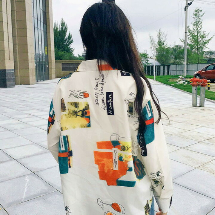 楽天市場 柄シャツ 長袖 アート 絵画 ラフ イラスト カジュアル オフホワイト トップス ダンス 衣装 ヒップホップ コスチューム 韓国ファッション 大きいサイズ 個性的 服 原宿系 ダンス衣装decorative