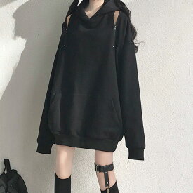 パーカー フーディ 長袖 2WAY オープンショルダー 黒 ビッグシルエット 春服 秋服 トップス ダンス 衣装 ヒップホップ コスチューム 韓国ファッション 大きいサイズ 個性的 服