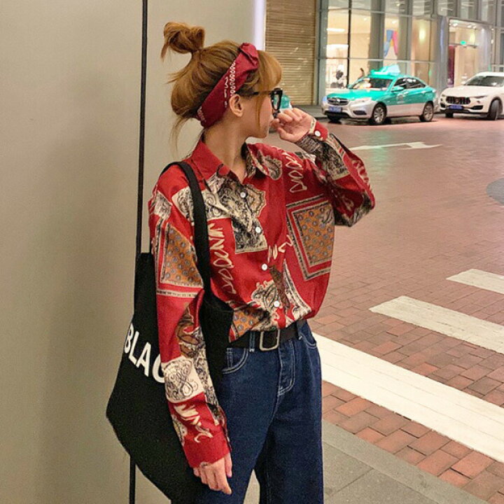 楽天市場 即納あり 柄シャツ ペイズリー柄 レッド 総柄 アート 長袖 トップス ダンス 衣装 ヒップホップ コスチューム 韓国ファッション 大きいサイズ 個性的 服 原宿系 ダンス衣装decorative