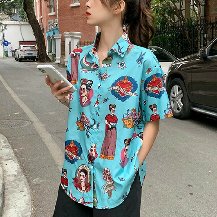 楽天市場 柄シャツ エキゾチック 異国風 イラスト 総柄 ライトブルー 半袖 トップス ダンス 衣装 ヒップホップ コスチューム 韓国ファッション 大きいサイズ 個性的 服 原宿系 ダンス衣装decorative