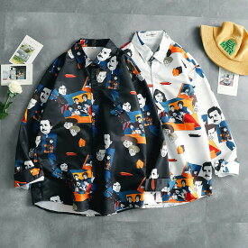 【送料無料】 柄シャツ シャツ 長袖 ダンディ おじさん 総柄 プリント ビッグシルエット トップス ダンス 衣装 ヒップホップ コスチューム 韓国ファッション 大きいサイズ 個性的 服 原宿系