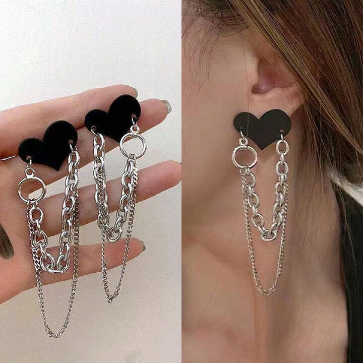 楽天市場】ブラックハート ピアス イヤリング チェーン ロングチェーン  