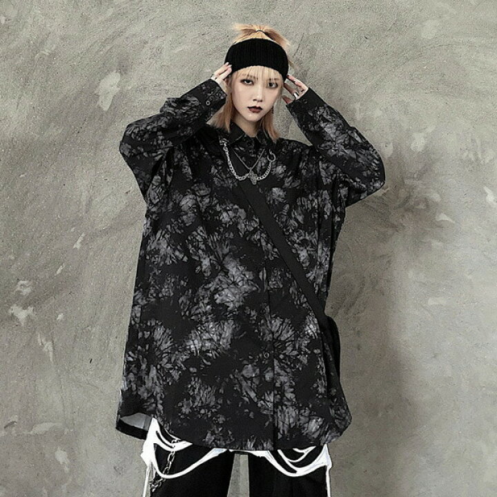 楽天市場 即納あり 柄シャツ 襟チェーン付き タイダイ柄 ブラック 長袖 ビッグシルエット トップス ダンス 衣装 ヒップホップ コスチューム 韓国ファッション 大きいサイズ 個性的 服 原宿系 ダンス衣装decorative