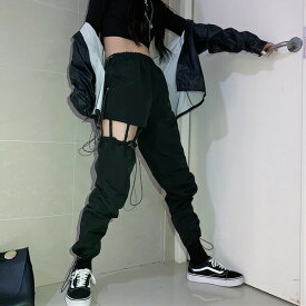 アシンメトリー カットアウト パンツ ドロスト 黒 ブラック ウエストゴム ボトムス ダンス 衣装 ヒップホップ コスチューム 韓国ファッション 大きいサイズ 個性的 服