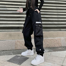 カーゴジョガーパンツ ウエストゴム ブラック 黒 ユニセックス ダンス 衣装 ヒップホップ コスチューム 韓国ファッション 大きいサイズ 個性的 服 原宿系