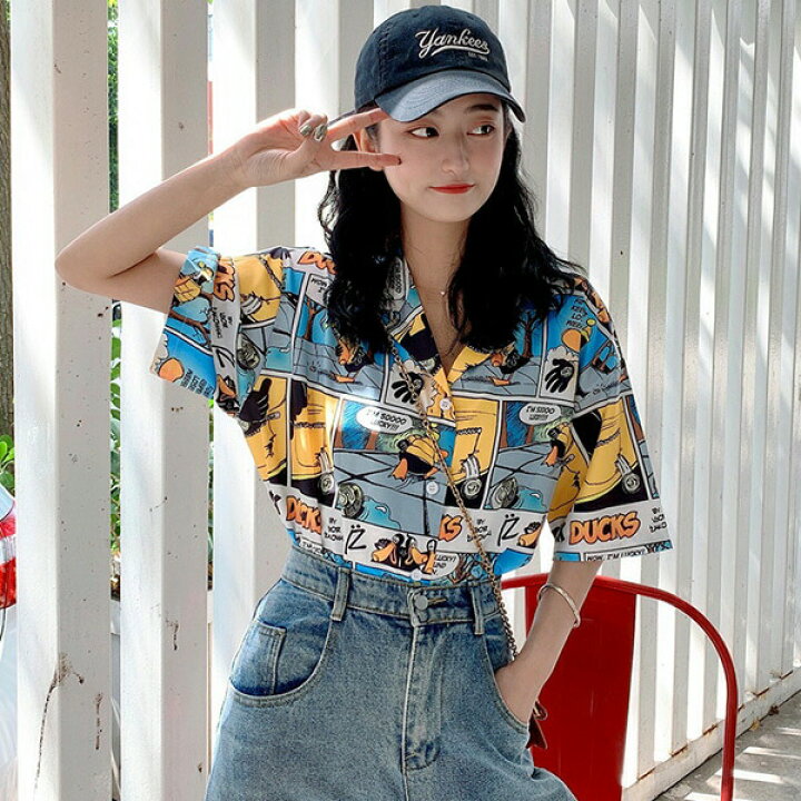 楽天市場 即納あり 柄シャツ Duckアメコミ風プリント 開襟 オーバーサイズ 半袖 トップス ダンス 衣装 ヒップホップ コスチューム 韓国ファッション 大きいサイズ 個性的 服 原宿系 ダンス衣装decorative
