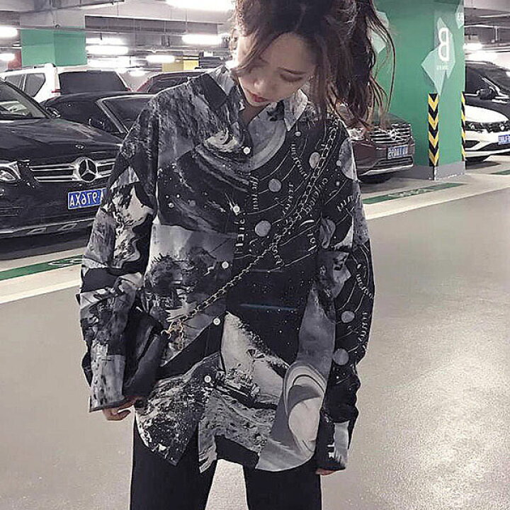 楽天市場 柄シャツ ブラックギャラクシーの長袖シャツ ダンス 衣装 ヒップホップ コスチューム 韓国ファッション 大きいサイズ 個性的 服 原宿系 ダンス衣装decorative