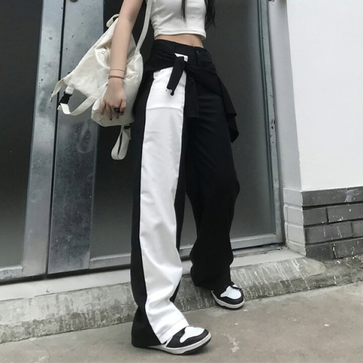楽天市場 ワイドパンツ 白黒 コントラストデザイン アシンメトリー ハイウエスト ストレート ダンス 衣装 ヒップホップ コスチューム 韓国ファッション 大きいサイズ 個性的 服 原宿系 ダンス衣装decorative