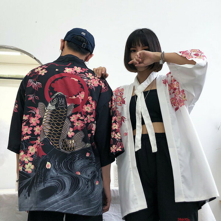 楽天市場 はっぴ 法被 羽織り 半纏 桜 鯉 和柄 和風 大人用 帯付き 帯セット 白 黒 ダンス 衣装 コスチューム 韓国ファッション 大きいサイズ 個性的 服 ダンス衣装decorative