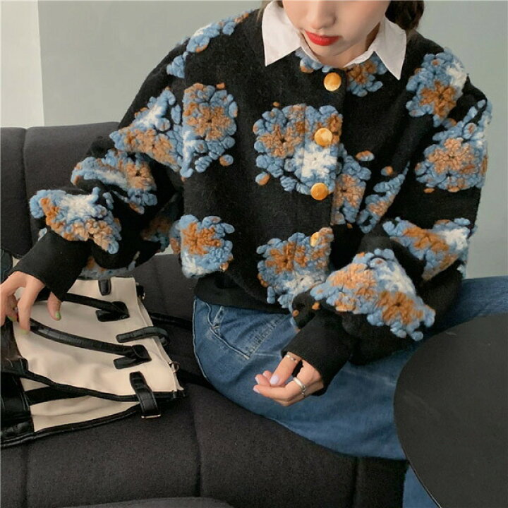 楽天市場 即納あり ニットカーディガン 花柄ボア くるみボタン レトロ 厚手 ショート丈 アウター フラワー柄 ダンス 衣装 コスチューム 韓国ファッション 大きいサイズ 個性的 服 ダンス衣装decorative