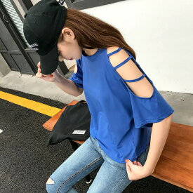 ダンス 衣装 ヒップホップ ダンス衣装 韓国ファッション セクシーな肌魅せがポイントのオーバーシルエット肩あきカットソートップス 半袖 Tシャツ オープンショルダー 肩だし トップス