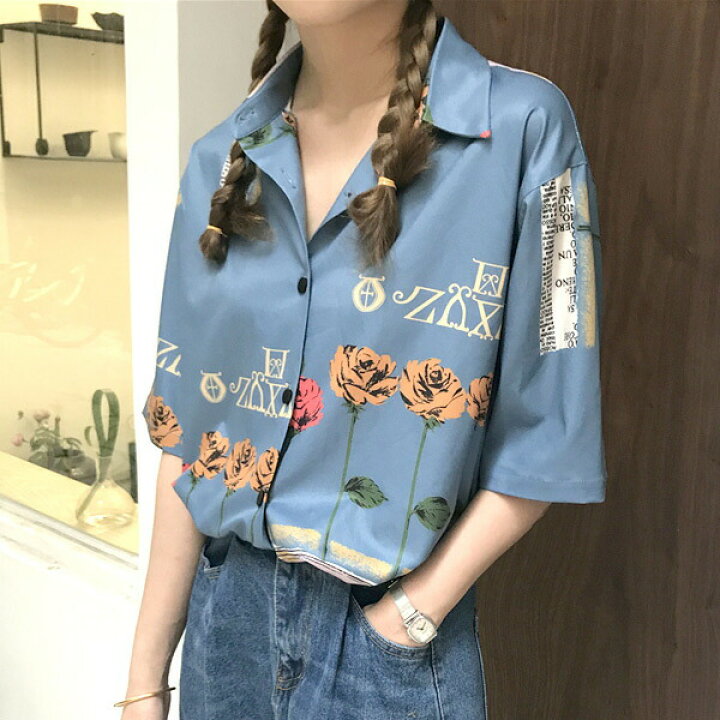 楽天市場 柄シャツ レディース 韓国 ファッション 個性的 派手 ブラウス 大きいサイズ オーバーシルエット サテン 半袖 5分袖 ダンス衣装decorative