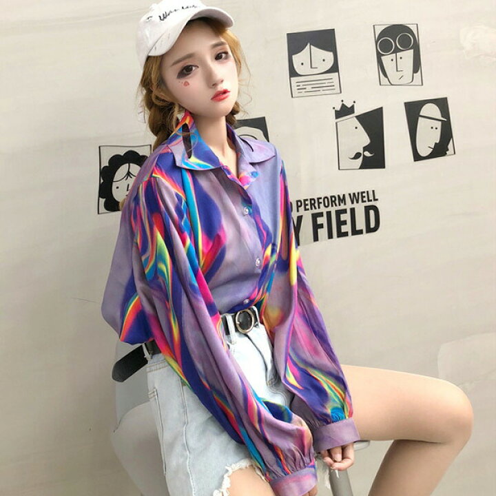 楽天市場 即納あり 柄シャツ シャツ ブラウス 長袖 レインボー カラフル モアレ グラデーション ダンス 衣裳 ヒップホップ 大きいサイズ ビッグシルエット 韓国 原宿系 ファッション レディース ゆめかわいい 服 奇抜 派手 個性的 コスチューム ダンス衣装decorative