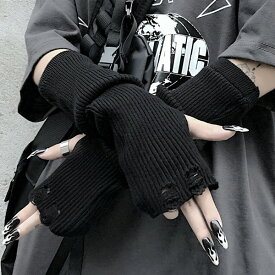 ニットグローブ アームウォーマー ダメージ加工 リブ素材 ブラック 黒 指なし 手袋 フィンガーレス グローブ ダンス 衣装 ヒップホップ コスチューム 韓国ファッション 個性的 服