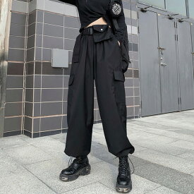 カーゴパンツ ワイドパンツ ハイウエスト ウエストゴム 裾ドロスト 黒 ダンス 衣装 ヒップホップ コスチューム 韓国ファッション 大きいサイズ 個性的 服 パンツ