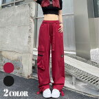 カーゴパンツ ワイドパンツ ストラップ付き ワンポイント ウエストゴム ドロスト 赤 黒 ダンス 衣装 ヒップホップ コスチューム 韓国ファッション 大きいサイズ 個性的 服 パンツ
