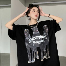 Tシャツ DOGプリント ビッグシルエットT 半袖T 犬 ドーベルマン ロゴ 黒 ブラック ダンス 衣装 ヒップホップ 韓国ファッション 大きいサイズ Tシャツ トップス
