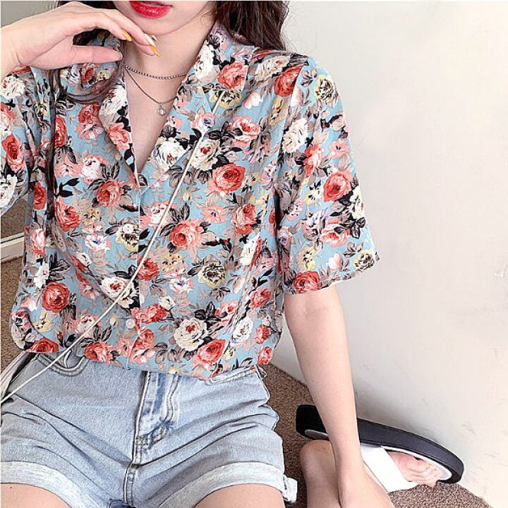 楽天市場】柄シャツ シャツ レディース 半袖 オープンカラー 花柄 