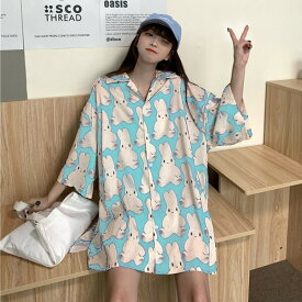 柄シャツ おすわり うさちゃん ビッグシルエット オープンカラー 半袖 シャツ ダンス 衣装 ヒップホップ コスチューム 韓国ファッション 大きいサイズ 個性的 服