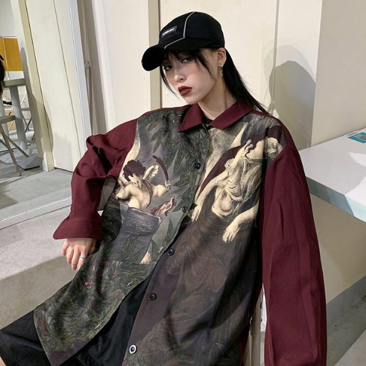 楽天市場 即納あり 柄シャツ 天使 アート ワインレッド ダークカラー 長袖 シャツ ダンス 衣装 ヒップホップ コスチューム 韓国ファッション 大きいサイズ 個性的 服 ダンス衣装decorative