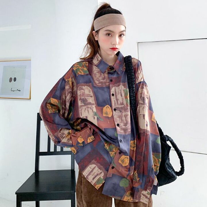 楽天市場 即納あり 柄シャツ アート イチョウ柄 枯れ葉 レトロ 長袖 シャツ ダンス 衣装 ヒップホップ コスチューム 韓国ファッション 大きいサイズ 個性的 服 ダンス衣装decorative