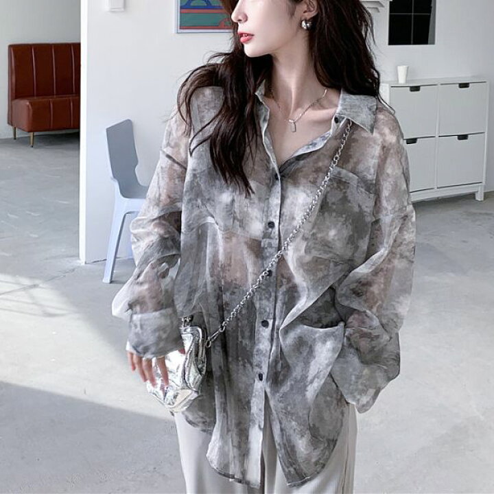 楽天市場】柄シャツ シアーシャツ ぼかし柄 グレー オーバーサイズ 