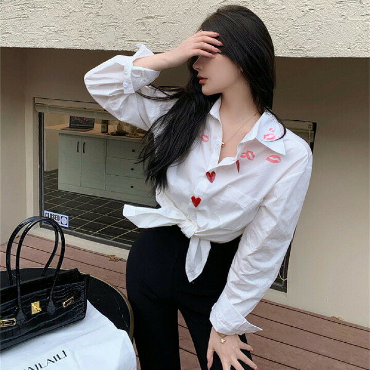 楽天市場】柄シャツ リッププリント ハートモチーフ 長袖 オーバー 