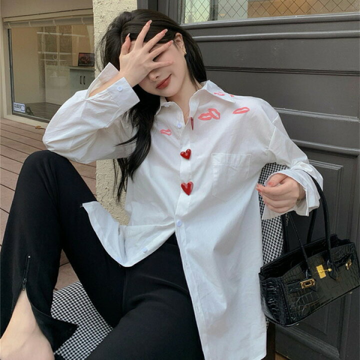 楽天市場】柄シャツ リッププリント ハートモチーフ 長袖 オーバー 