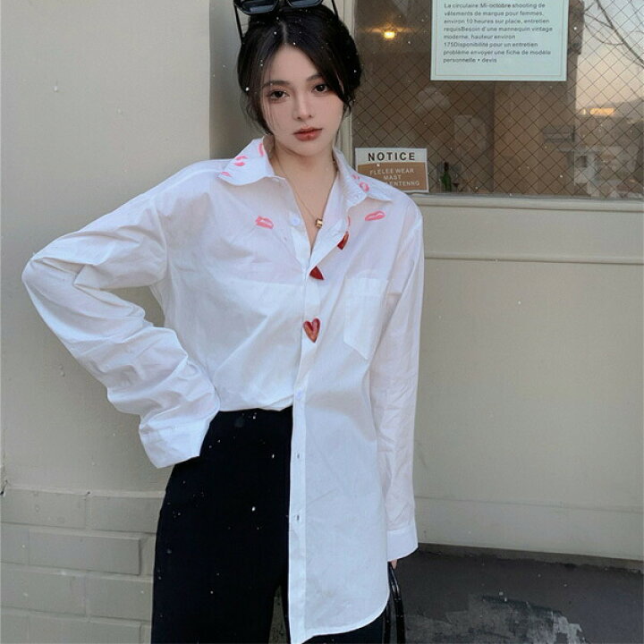 楽天市場】柄シャツ リッププリント ハートモチーフ 長袖 オーバー 