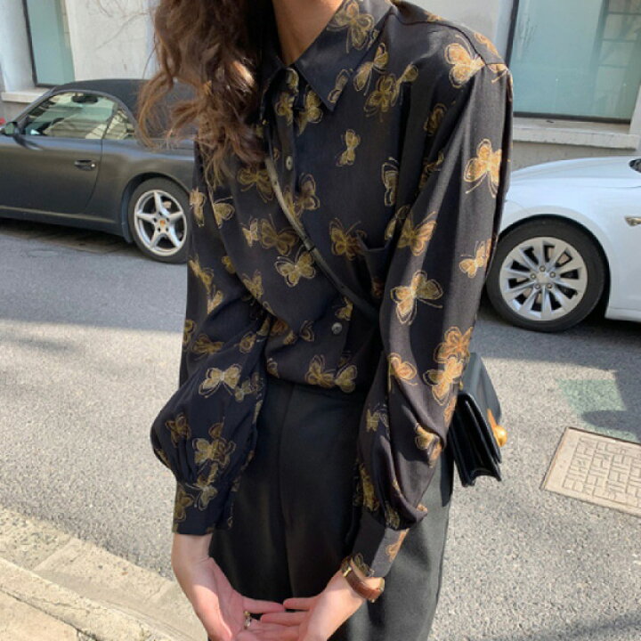 楽天市場】柄シャツ バタフライ柄 蝶々柄 黒 レトロ 長袖 オーバー  