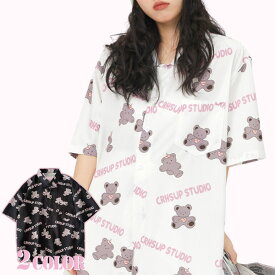 柄シャツ クマ柄 半袖 かわいい BEAR柄 クマちゃん ビッグシルエット ダンス 衣装 ヒップホップ コスチューム 韓国ファッション 大きいサイズ 個性的 夏 シャツ トップス