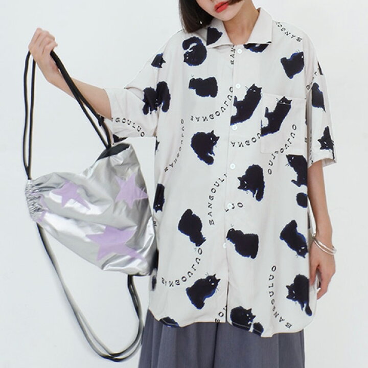 楽天市場】柄シャツ CAT柄 ビッグシルエット 半袖シャツ ネコ柄 猫柄 